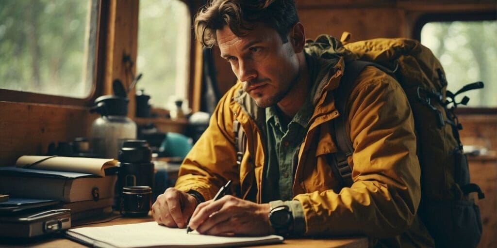 A man in a yellow jacket is writing in a notebook.