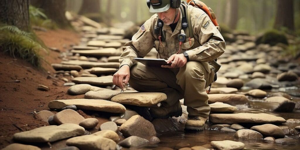 A man kneeling on rocks in the woods with a tablet.