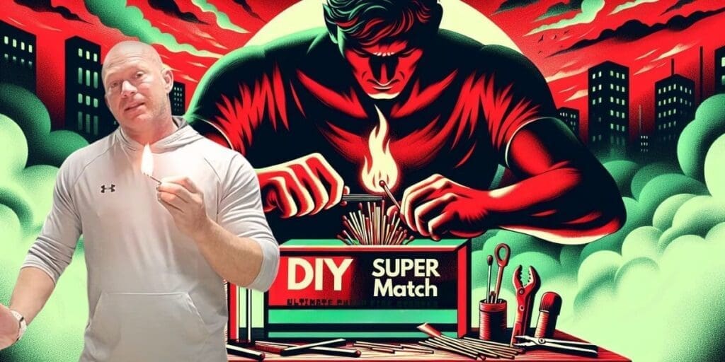 A man in front of a poster with the words diy super match.