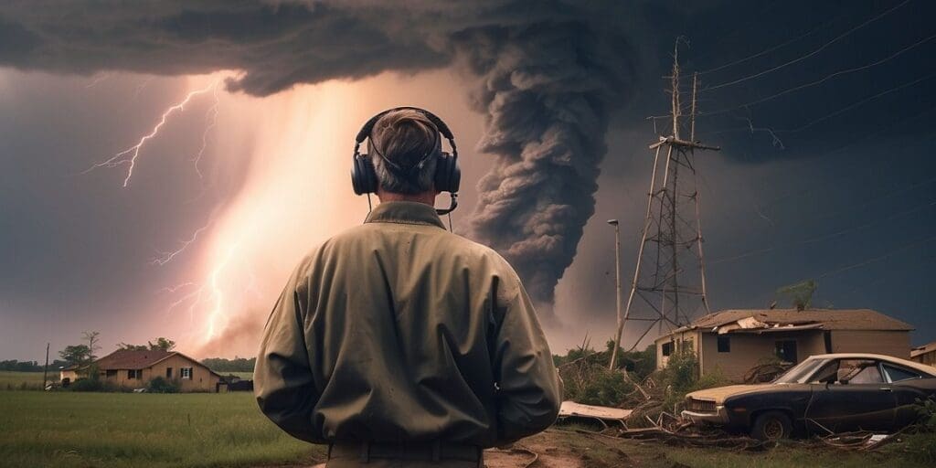 A man is looking at a storm with headphones on.