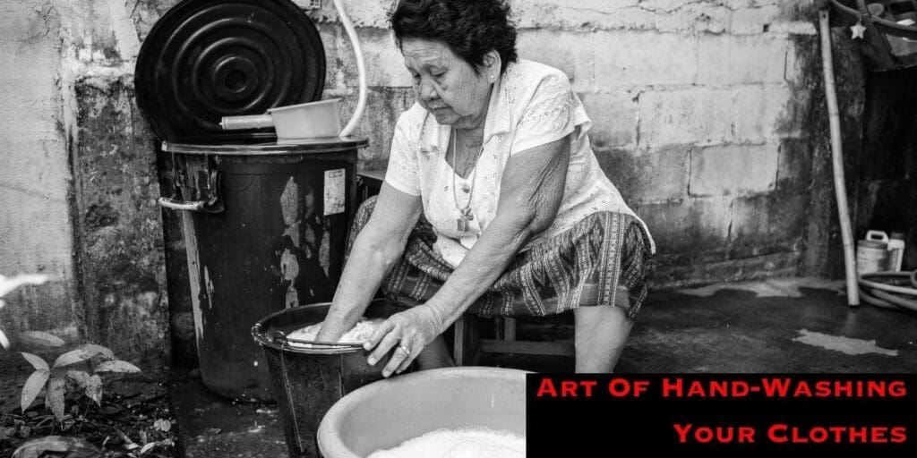 Woman hand-washing clothes in a basin outdoors as part of a survival guide.