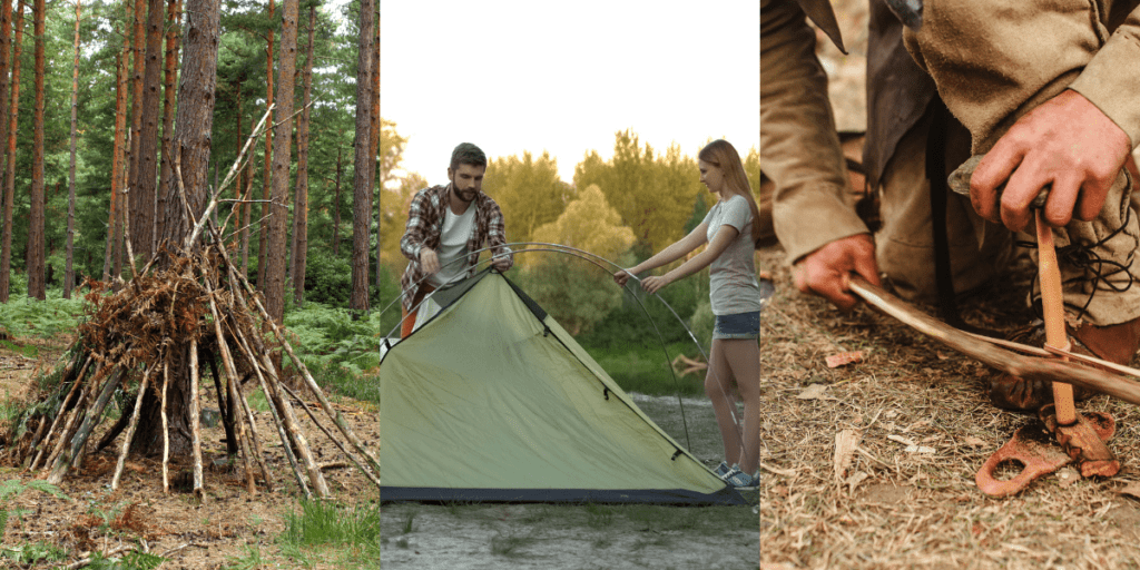 Three separate images showing outdoor camping activities: on the left, a makeshift wooden shelter in a forest illustrating survival preparedness; in the center, two people setting up a tent; on the right