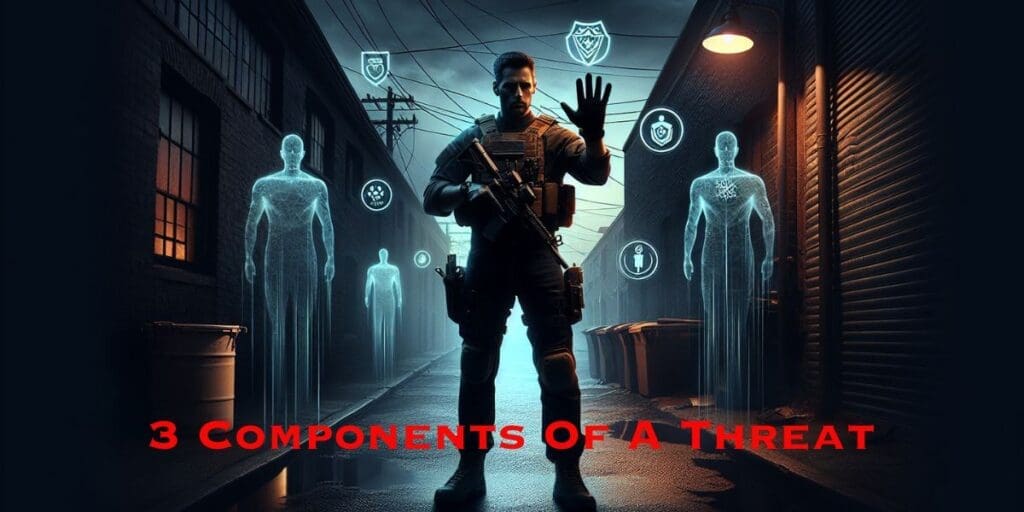 A tactical officer stands in a dark alleyway, surrounded by three holographic figures with icons above them. Text at the bottom reads "3 Critical Components Of A Threat.