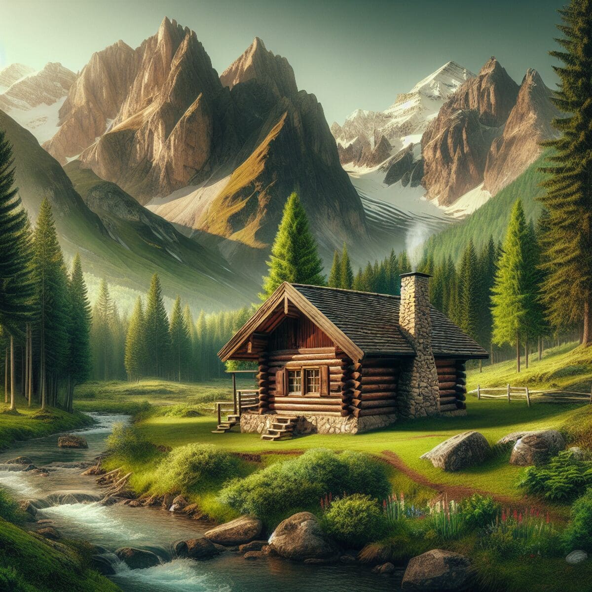 A wooden cabin nestled in the mountains with a river flowing nearby.