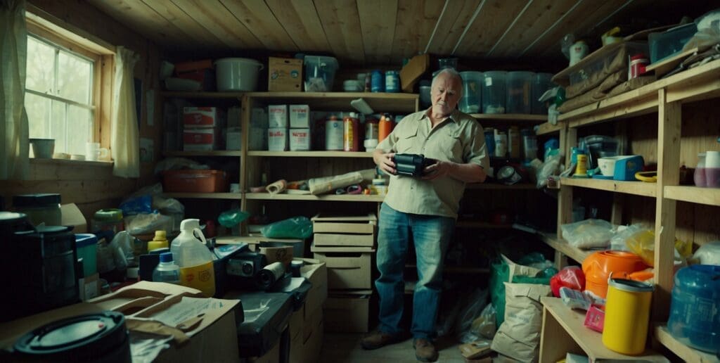 A man stands in a cluttered storage room filled with various containers, boxes, and tools. He holds an object while examining it. Shelves packed with items line the walls.