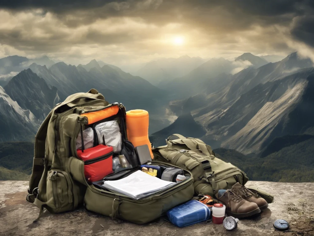 A backpack with open compartments, filled with outdoor gear, is placed on a mountain ledge. Preppers will appreciate the surrounding items: a pair of boots, compass, watch, and various containers. Mountains and a sunset create the perfect backdrop for this bug out setup.