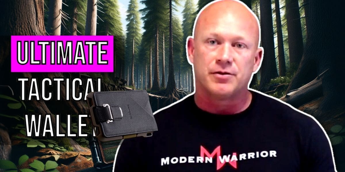 A man in a "Modern Warrior" shirt stands beside text promoting the Dango M1 Maverick, a "Spec Ops Edition" tactical wallet. All this unfolds against a rugged forest backdrop.