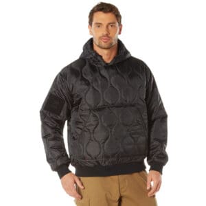 A person wearing a Rothco Quilted Woobie hooded sweatshirt in black 2XL and tan pants stands against a white background.