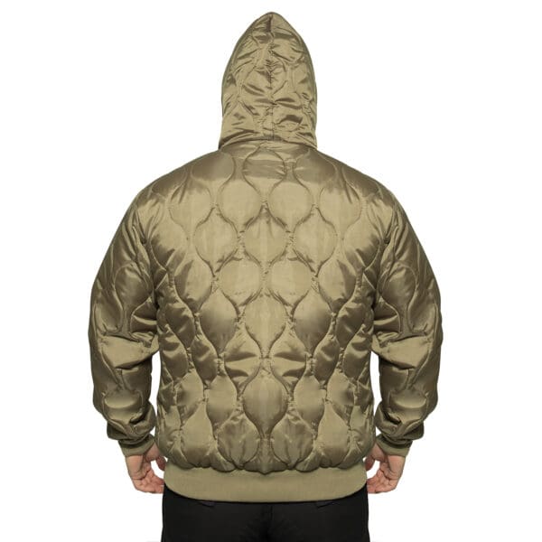 A person is wearing an olive green quilted woobie hooded sweatshirt in 2XL, viewed from behind.