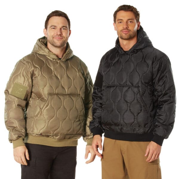 Two men wearing Rothco quilted woobie jackets stand together; one in olive green, the other in black. The background is plain white.