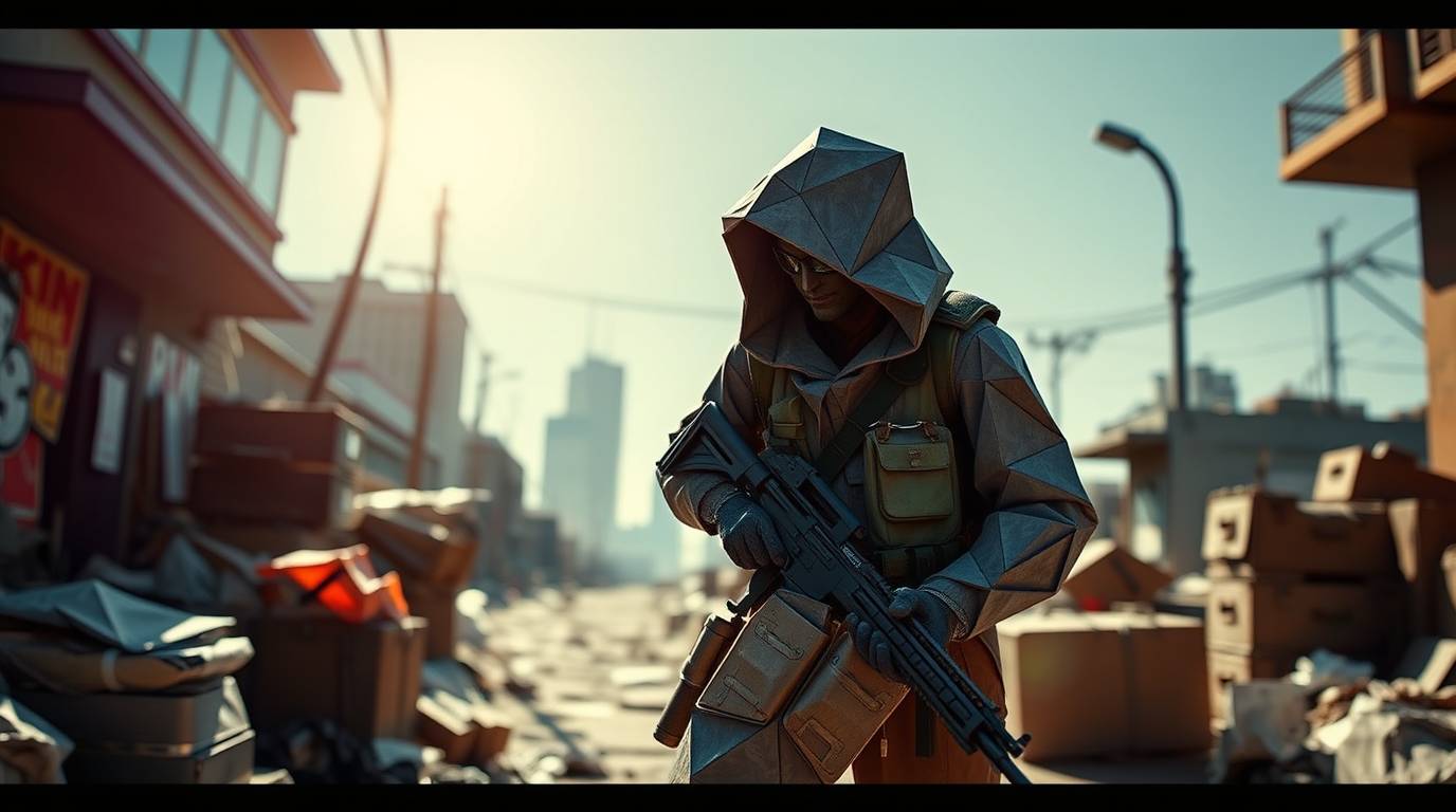 A person in geometric armor, holding a rifle, walks through a debris-filled urban street in daylight. Buildings and power lines are visible in the background.