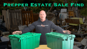 A person stands behind two green plastic containers on a table, surrounded by various furniture and items in the outdoor background. Text above reads "Hidden Prepper Treasures: Estate Sale Find.