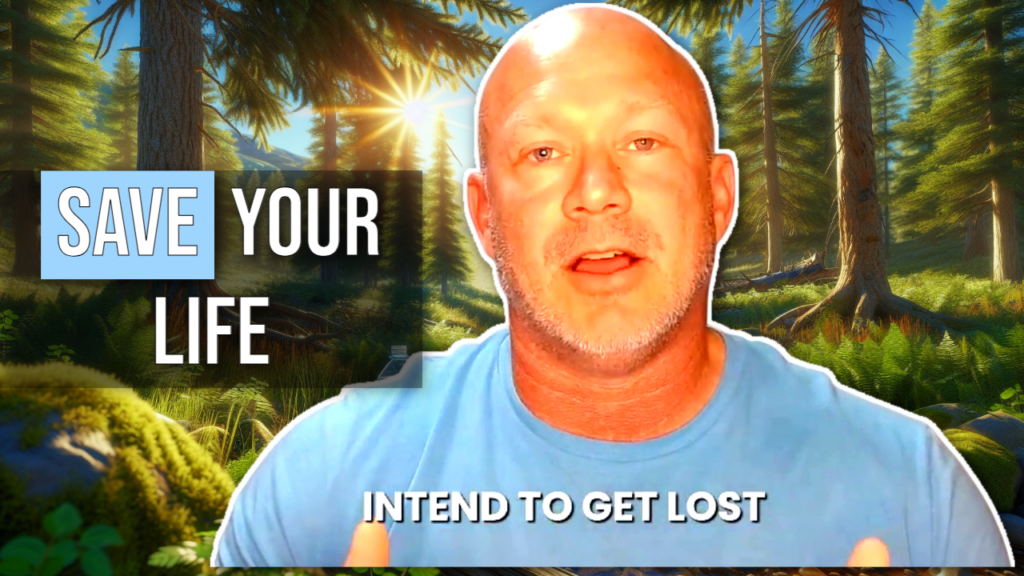 Bald man in a blue shirt discussing wilderness survival in a forest background with the text "Save Your Life" and "Intend to Get Lost" around him, emphasizing the importance of Solar Water Disinfection (SODIS) techniques.