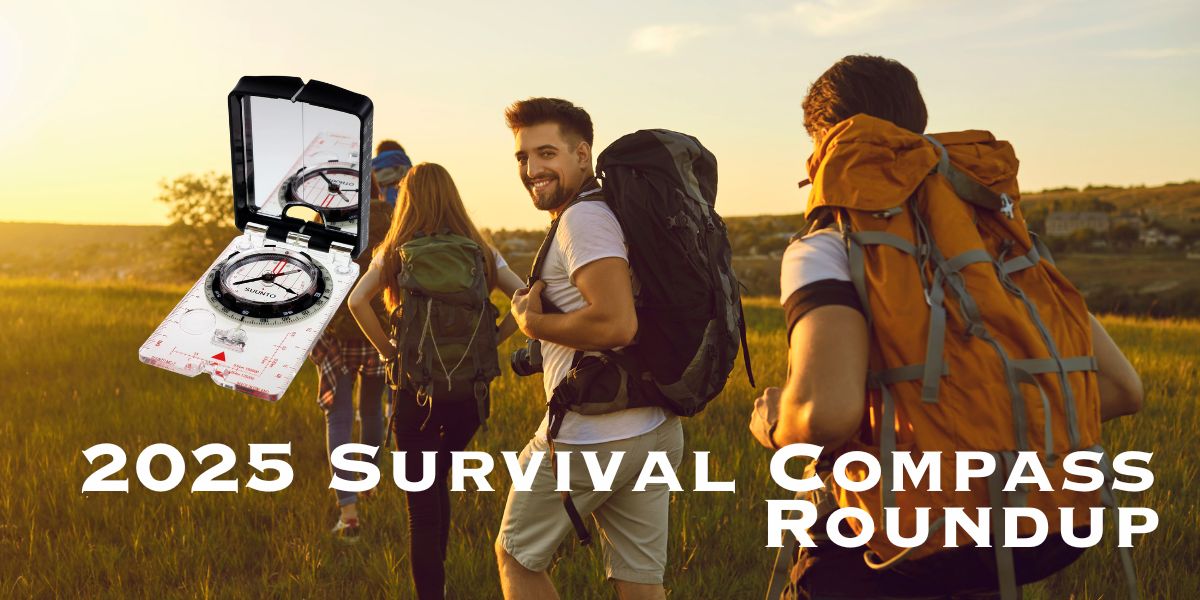 Three hikers with backpacks traverse a grassy field at sunset, embodying the spirit of Spring Adventures 2025. A floating compass and the text "2025 Survival Compass Roundup" add intrigue to the scenic backdrop.