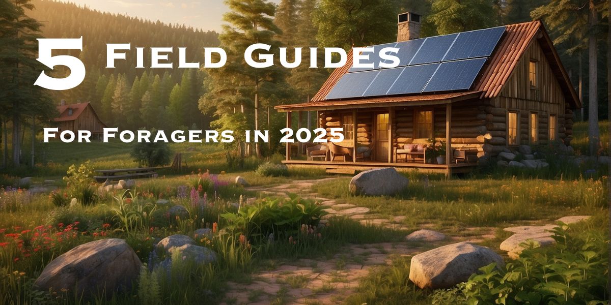 A rustic cabin with solar panels nestled in a lush garden and forest, perfect for springtime retreats. Dive into "5 Field Guides for Foragers in 2025" and explore the art of foraging right outside your door.