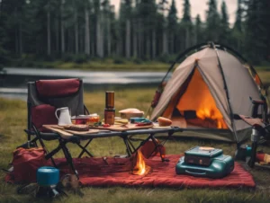 Unique camping setup by a serene lake, featuring a cozy tent, table laden with delicious food and a kettle, a trusty camping stove, and comfortable chairs on a mat. It's an unforgettable outdoor experience nestled against a backdrop of lush forest.