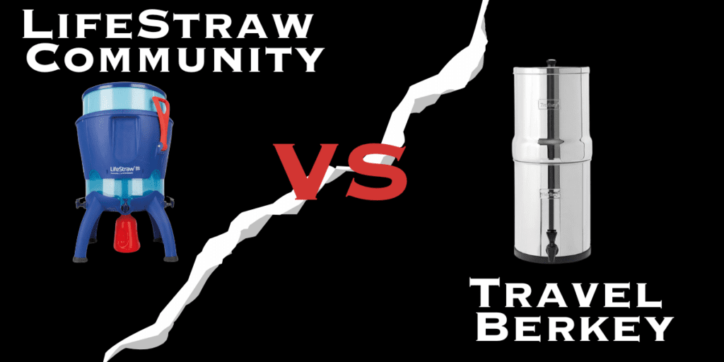 Split image showing the choice between LifeStraw Community, a blue water filtration system, on the left, and Travel Berkey, a stainless steel water purifier, on the right with "vs" in the center.