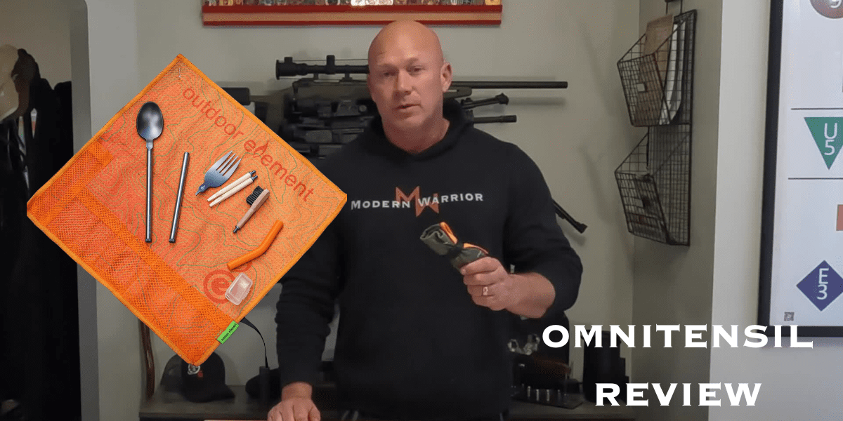 A man stands in a store holding a tool, while a utensil set rests on an orange towel beside him. Text reads "OMNITENSIL REVIEW." This versatile companion is perfect for your bug out bag or everyday needs.