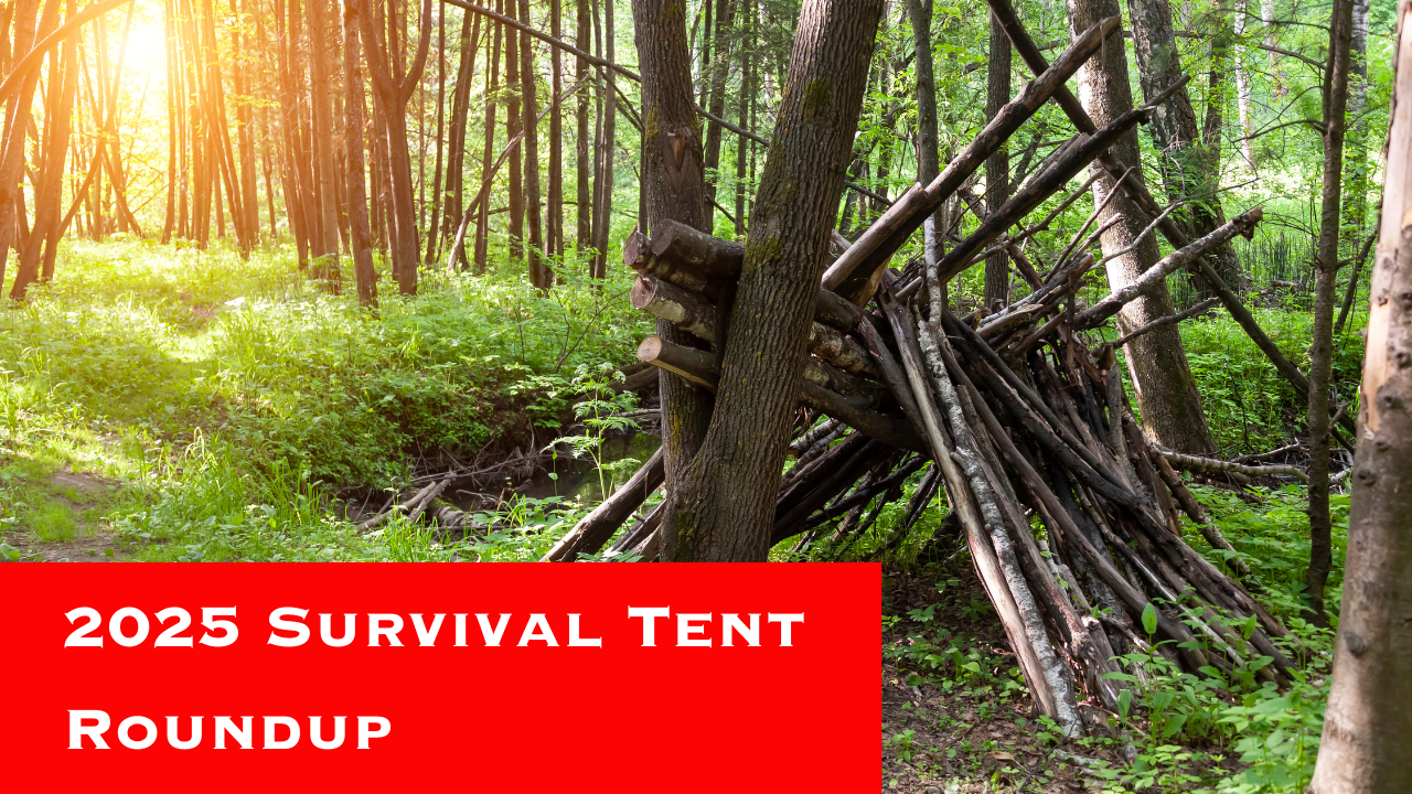 A makeshift survival tent constructed from wooden branches stands in a sun-dappled forest. Sunlight filters through the trees, casting gentle patterns on a red banner reading: "2025 Spring Adventures Tent Roundup.