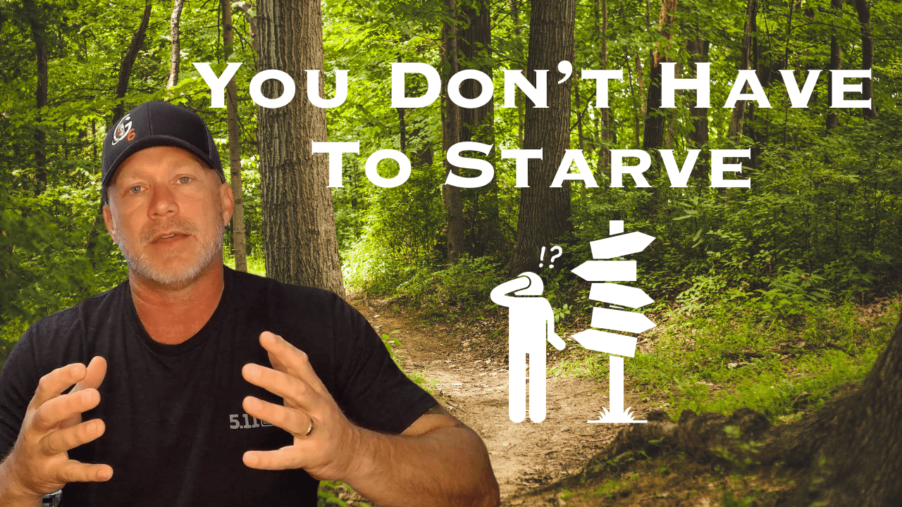 Man in cap gestures in front of a forest trail backdrop with text "YOU DON'T HAVE TO STARVE" above a graphic of a confused person by signposts, inspired by the wisdom of Wilderness Survival skills.