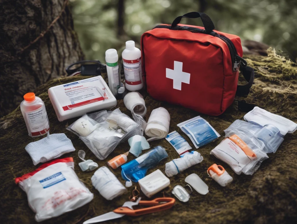 In the serene forest setting of 2025, a first aid kit tailored for preppers sits open on a rock. Its red exterior and white cross reveal an array of medical supplies—bandages, scissors, gauze, adhesive strips, and antiseptic bottles—ready for any emergency.