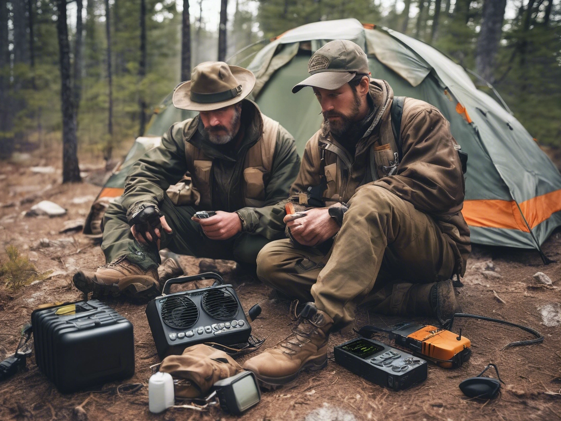 Two men in outdoor gear are seated on the forested ground near a tent, examining unexpected portable HAM radios amidst their equipment.