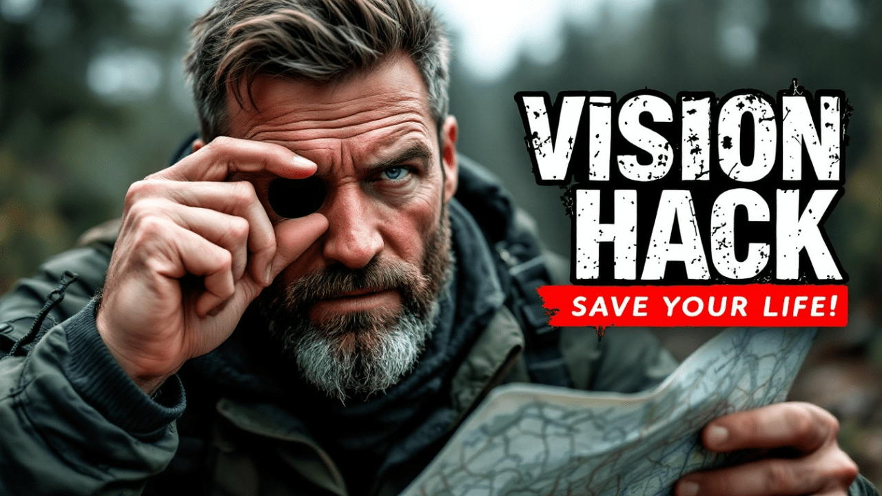 A man looks through a monocle at a map, mastering the art of outdoor navigation. Text reads "Vision Hack: Sharpen Your Vision and Save Your Life!.