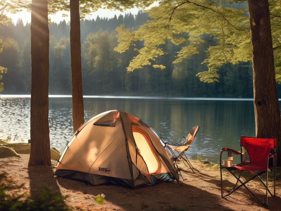 A tent and two Helinox Chair One camping chairs are set up by a tranquil lake, surrounded by trees and bathed in the warm sunlight of Spring 2025, creating a serene retreat for campers.