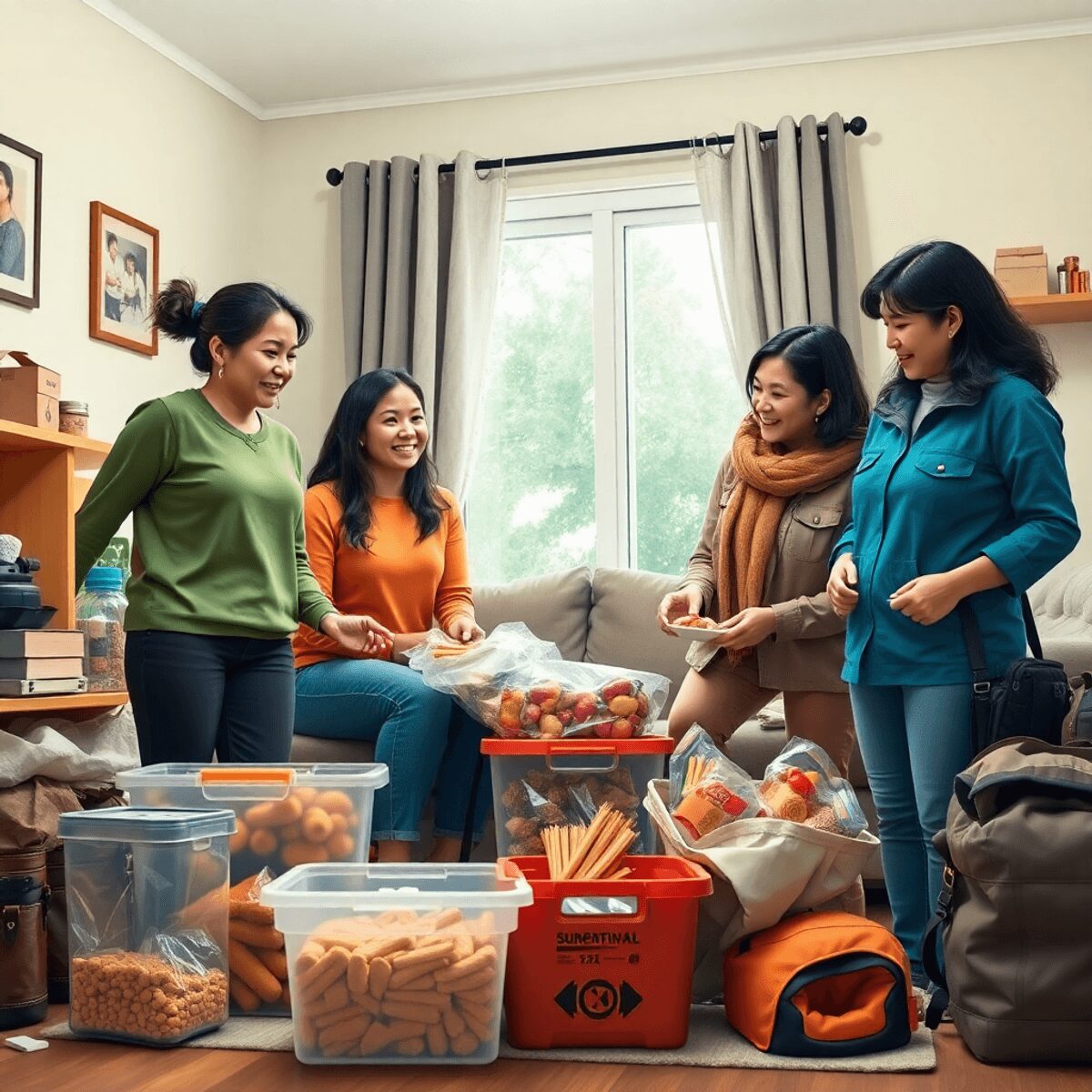 A group of women engaged in survival prepping activities in a cozy home, organizing supplies and discussing strategies, surrounded by food storage ...