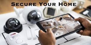 A person holds a tablet displaying security camera footage, surrounded by various security devices. "Secure Your Home with AOSUS: Compare the Best Home Security Cameras," the text declares, inviting viewers to enhance their safety with top-notch surveillance solutions.