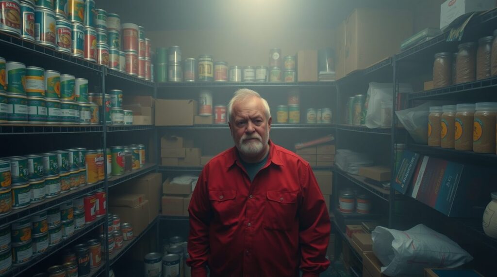 Elderly man with a white beard stands in a dimly lit storeroom filled with shelves of canned goods and boxes. Wearing a red shirt, he looks directly at the camera, embodying the essence of a pragmatic prepping guide.