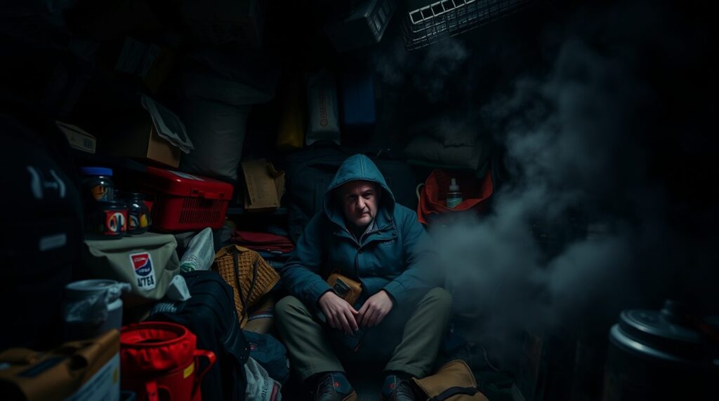 A person in a hoodie sits amidst bags and storage items in a dim, cluttered space, embodying the essence of pragmatic prepping as steam or smoke curls nearby.