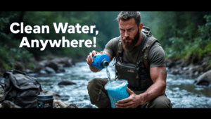 A man kneels by a river, pouring water from a blue container into the Pure Bag Pro filter. Text reads "Innovative Water Treatment, Anywhere!" A backpack and the container sit nearby, surrounded by lush greenery.