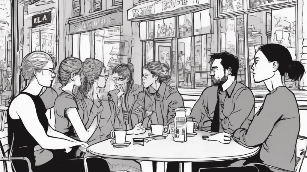 Six people sit around a round table at a café, engaged in conversation. Cups and a juice bottle are on the table as they discuss surprising truths about body language, with large windows revealing the bustling street outside.