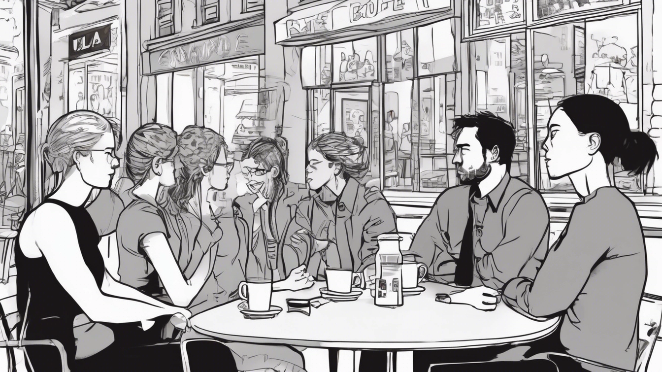 Six people sit around a round table at a café, engaged in conversation. Cups and a juice bottle are on the table as they discuss surprising truths about body language, with large windows revealing the bustling street outside.