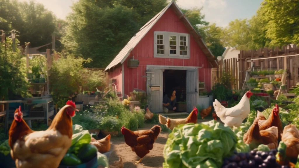 Several chickens roam in a lush garden in front of a red chicken coop, surrounded by vegetables like lettuce and eggplant—a perfect scene for anyone reading beginner homesteading guides or learning how to start homesteading.
