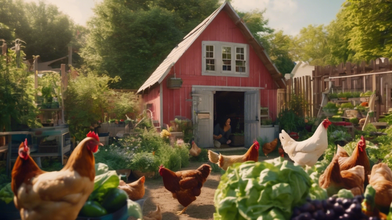Several chickens roam in a lush garden in front of a red chicken coop, surrounded by vegetables like lettuce and eggplant—a perfect scene for anyone reading beginner homesteading guides or learning how to start homesteading.
