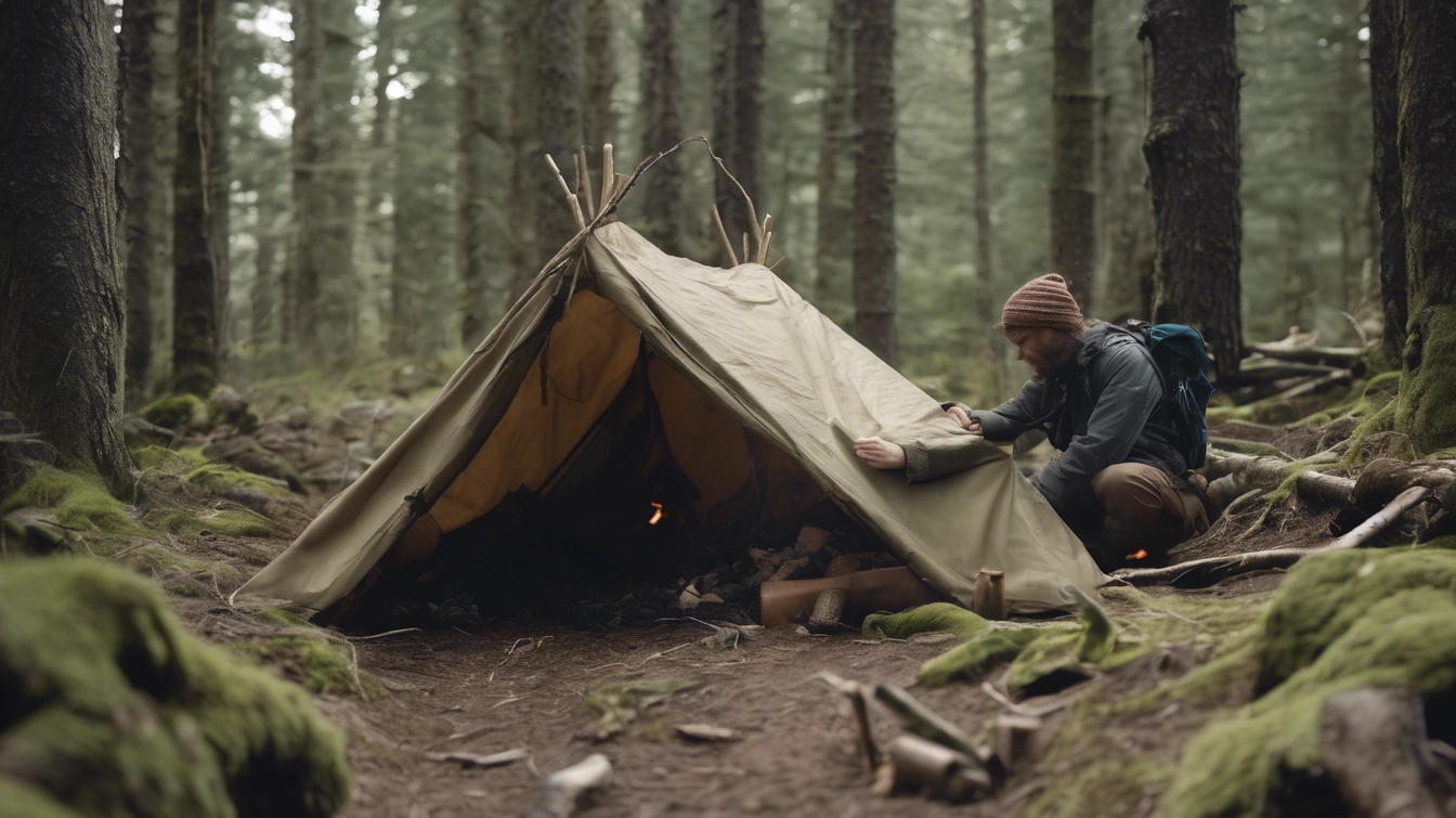 A person hones survival skills by setting up a canvas tent in a mossy forest, with camping gear and a small campfire nearby.