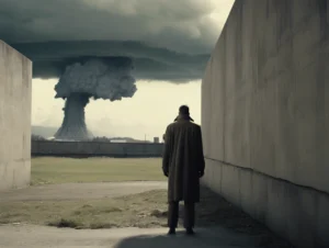 A person in a long coat stands between concrete walls, facing a distant mushroom cloud from a nuclear event under a dark, ominous sky.